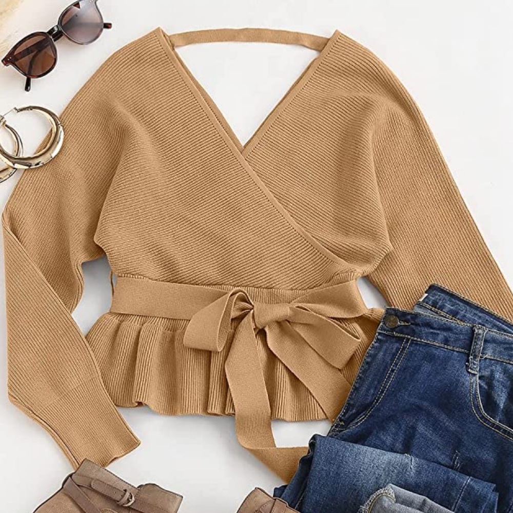 Brand New Camel sweater with cute bow at waist